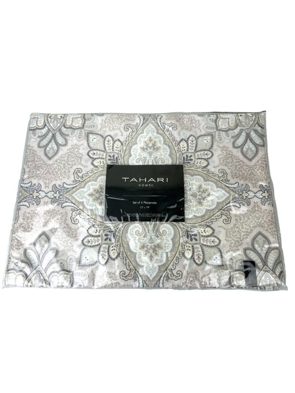Tahari Home Set of 4 Fabric Placemats Gray Taupe Damask Medallion 13x9 NIP